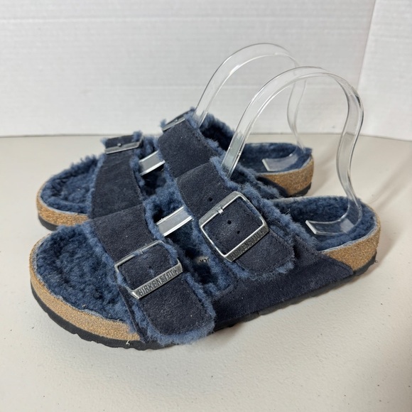 Birkenstock Arizona Shearling Sandals Navy Blue Suede Women’s 39 Fuzzy Cozy - Picture 2 of 16
